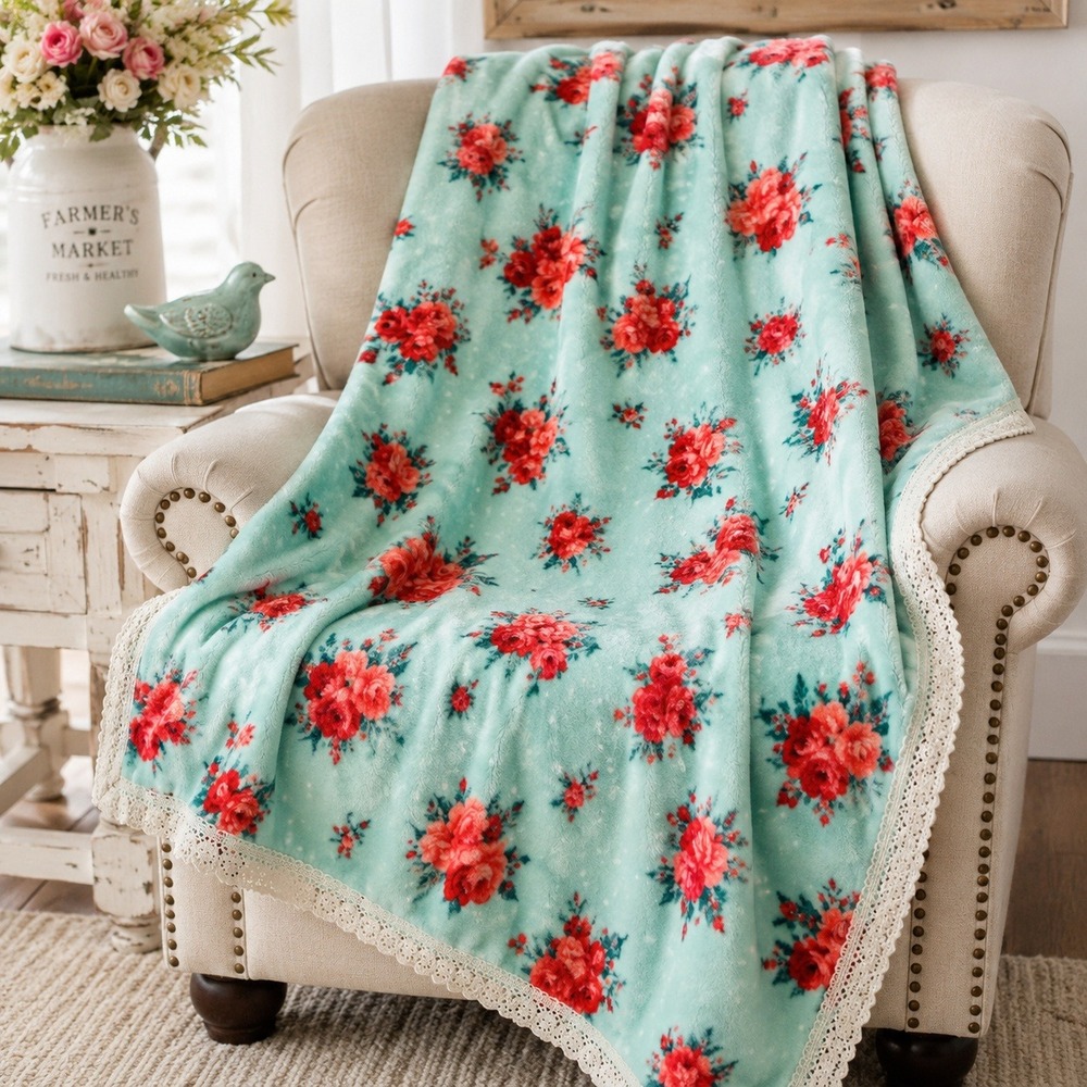Pioneer Woman Cheerful Rose Velvet Plush Throw Blanket Teal Red Floral Lace Trim